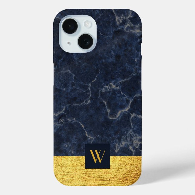 Coques Case-Mate iPhone Marbre Bleu Élégant Monogramme Or (Verso)