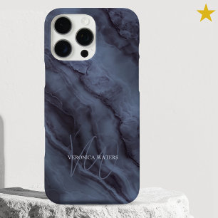Coque iPhone 16 Pro Max Marbre Bleu Élégant Nom Personnalisé Monogramme