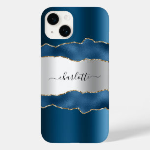Coque Case-Mate iPhone Marbre bleu marine argenté marbre nom script