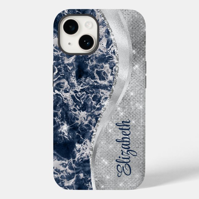 Coques Case-Mate iPhone Marbre bleu marine Parties scintillant argent Mono (Verso)