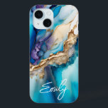 Coque Case-Mate iPhone Marbre bleu or moderne Nom personnalisé<br><div class="desc">Marbre d'or bleu moderne Nom personnalisé iPhone 15 Coques dispose de votre nom personnalisé dans une élégante typographie de script de calligraphie sur un arrière - plan moderne en marbre bleu et or. Un cadeau parfait pour elle pour l'anniversaire, maman pour la fête des mères, soeur ou bestie pour Noël...</div>