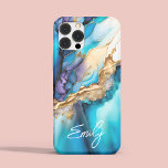 Coque Case-Mate iPhone Marbre bleu or moderne Nom personnalisé<br><div class="desc">Marbre d'or bleu moderne Nom personnalisé iPhone 15 Pro Max Coques dispose de votre nom personnalisé dans une élégante typographie de script de calligraphie sur un arrière - plan moderne en marbre bleu et or. Un cadeau parfait pour elle pour l'anniversaire, maman pour la fête des mères, soeur ou bestie...</div>