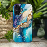 Coque Pour iPhone 16 Marbre bleu or moderne Nom personnalisé<br><div class="desc">Marbre d'or bleu moderne Nom personnalisé iPhone 16 Coques dispose de votre nom personnalisé dans une élégante typographie de script de calligraphie sur un arrière - plan moderne en marbre bleu et or. Un cadeau parfait pour elle pour l'anniversaire, maman pour la fête des mères, soeur ou bestie pour Noël...</div>