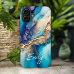 Coque Pour iPhone 16 Plus Marbre bleu or moderne Nom personnalisé<br><div class="desc">Marbre d'or bleu moderne Nom personnalisé iPhone 16 Plus Coque présente votre nom personnalisé dans une élégante typographie de script de calligraphie sur un arrière - plan moderne en marbre bleu et or. Un cadeau parfait pour elle pour l'anniversaire, maman pour la fête des mères, soeur ou bestie pour Noël...</div>