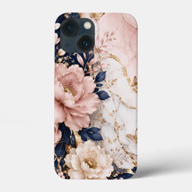 Coques Case-Mate iPhone Marbre Botanique Navy Blue & Rose Premium (Verso)