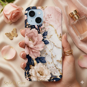 Coque Case-Mate iPhone Marbre Botanique Premium Bleu Nuit et Rose
