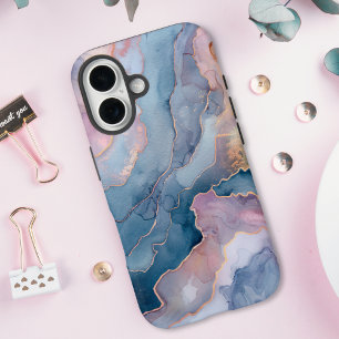 Coque Pour iPhone 16 Marbre d'agate bleu chic rose or