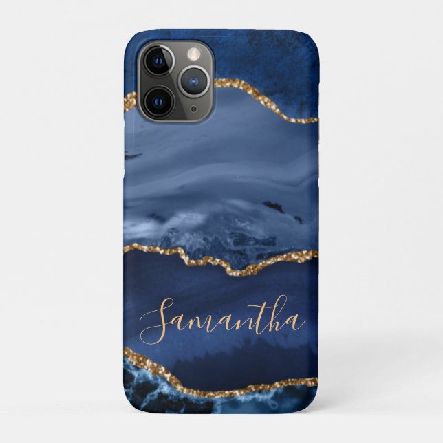 Coques Case-Mate iPhone Marbre d'agate bleu marine et faux or pailleté (Dos)
