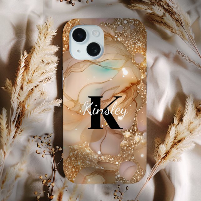 Coques Case-Mate iPhone Marbre de Parties scintillant or Rose Monogramme (Monogram Rose Gold Glitter Marble Phone Case - Choose Your Phone Type)
