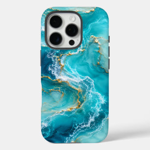 Coque iPhone 16 Pro Marbre d'Océan Turquoise Luxueux avec Vagues de Fe