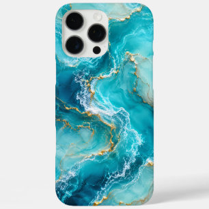 Coque iPhone 16 Pro Max Marbre d'Océan Turquoise Luxueux avec Vagues de Fe