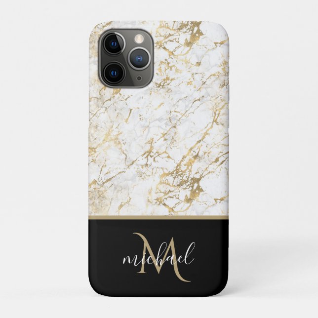 Coques Case-Mate iPhone Marbre doré et blanc avec luxe de monogramme noir (Dos)
