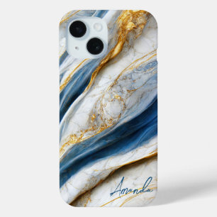 Coque Case-Mate iPhone Marbre Élégant Navy Veines d'Or Monogrammé