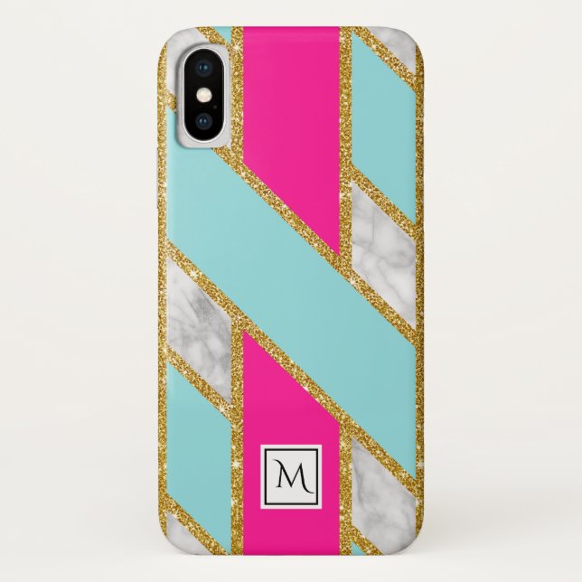 Coques Case-Mate iPhone Marbre FAUX Gold Gliz rose bleu treillis Monogramm (Dos)