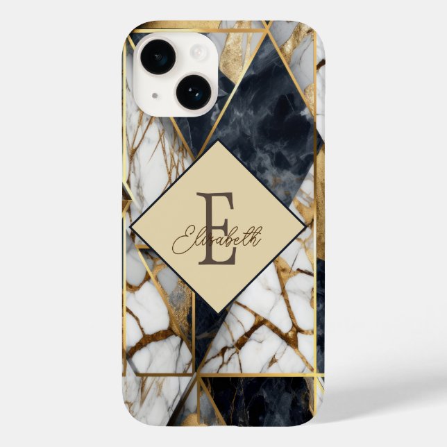 Coques Case-Mate iPhone Marbre géométrique à monogramme noir doré tendance (Verso)