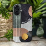 Coque Pour iPhone 16 Marbre géométrique moderne Abstrait Nom personnali<br><div class="desc">Marbre géométrique Abstrait moderne Nom personnalisé iPhone 16 Coque dispose de formes géométriques en noir, or rose et or aquarelle sur un arrière - plan en marbre gris avec rayures et votre nom personnalisé dans un script blanc moderne. Personnalisez en modifiant le texte dans la zone de texte fournie. Conçu...</div>