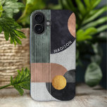 Coque Pour iPhone 16 Plus Marbre géométrique moderne Abstrait Nom personnali<br><div class="desc">Marbre géométrique Abstrait moderne Nom personnalisé iPhone 16 Plus Coque présente des formes géométriques en noir, or rose et or sur un arrière - plan en marbre gris avec rayures et votre nom personnalisé en écriture blanche moderne. Personnalisez en modifiant le texte dans la zone de texte fournie. Conçu par...</div>