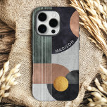 Coque iPhone 16 Pro Marbre géométrique moderne Abstrait Nom personnali<br><div class="desc">Marbre géométrique Abstrait moderne Nom personnalisé iPhone 16 Pro Coques dispose de formes géométriques en noir, or rose et or sur un arrière - plan en marbre gris avec rayures et votre nom personnalisé dans un script blanc moderne. Personnalisez en modifiant le texte dans la zone de texte fournie. Conçu...</div>