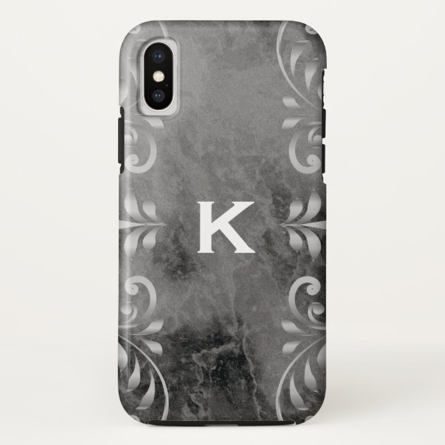 Coques Case-Mate iPhone marbre noir avec motif floral argenté (Dos)