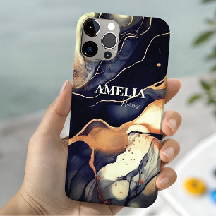 Coque Case-Mate iPhone Marbre noir bleu élégant art faux paillettes dorée