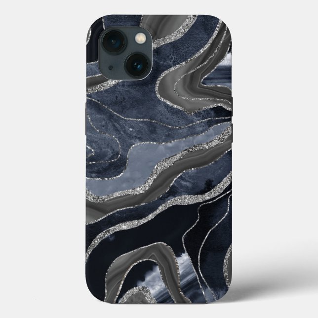 Coques Case-Mate iPhone Marbre noir bleu marine Agate Parties scintillant  (Verso)