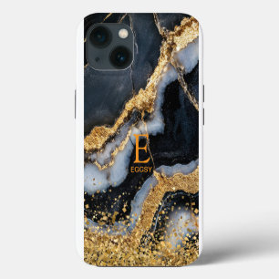Case-Mate iPhone Case Marbre noir chic monogramme paillettes dorées