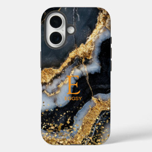 Coque Pour iPhone 16 Marbre noir chic monogramme paillettes dorées