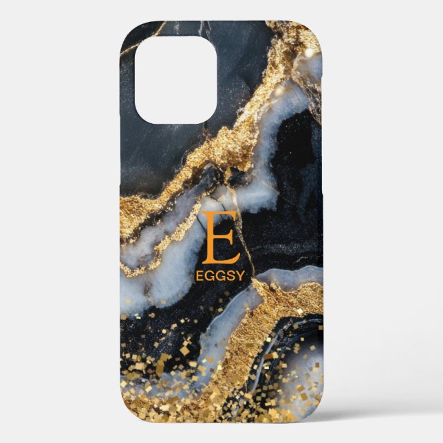 Coques Case-Mate iPhone Marbre noir chic paillettes dorées monogramme (Verso)