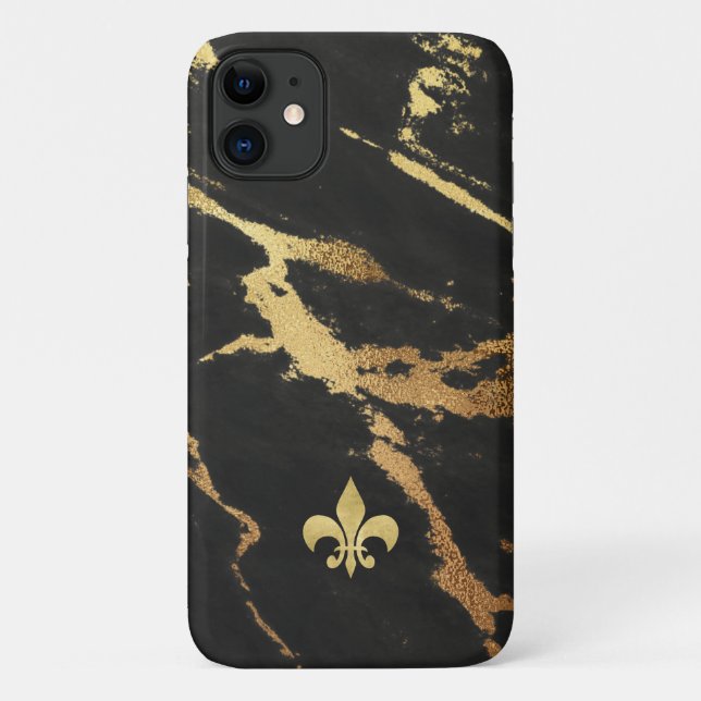 Coques Case-Mate iPhone Marbre noir doré avec Fleur de lis (Dos)