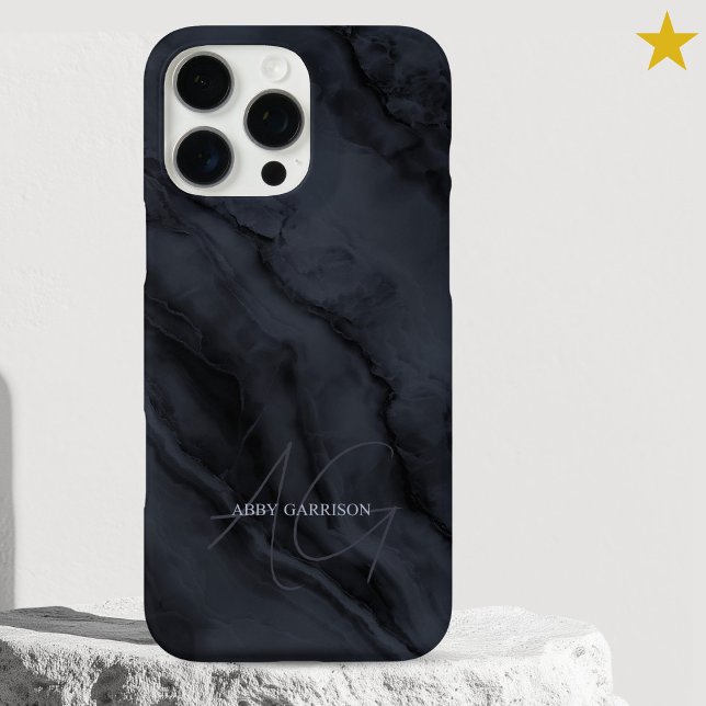 Coques Case-Mate iPhone Marbre Noir Élégant Monogramme de Nom Personnalisé (Créateur téléchargé)