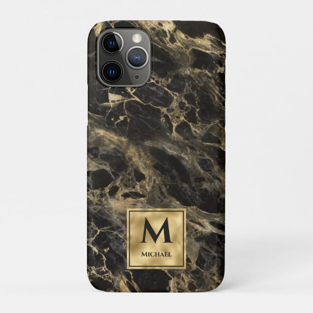 Coques Case-Mate iPhone Marbre noir et or Monogramme Élégant Luxe (Dos)