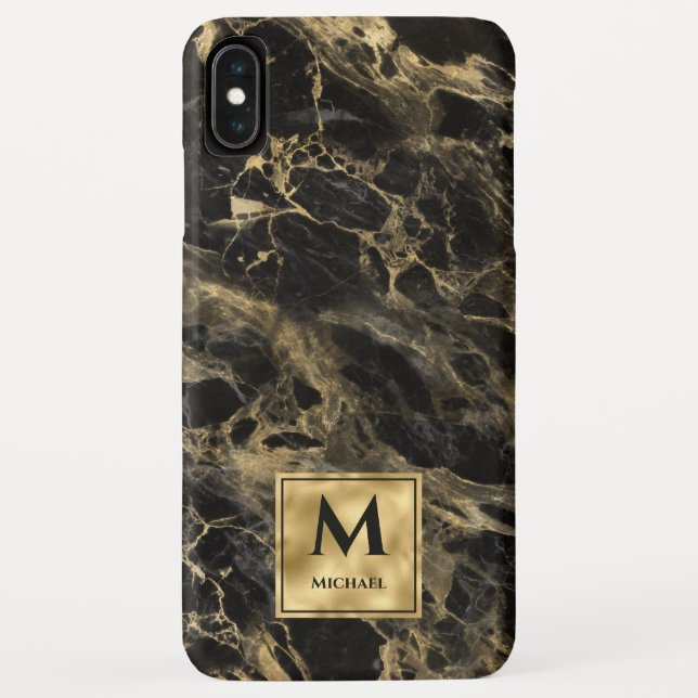 Coques Case-Mate iPhone Marbre noir et or Monogramme Élégant Luxe (Dos)