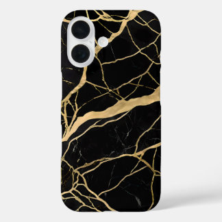 Coque Pour iPhone 16 Marbre noir luxueux avec veines dorées