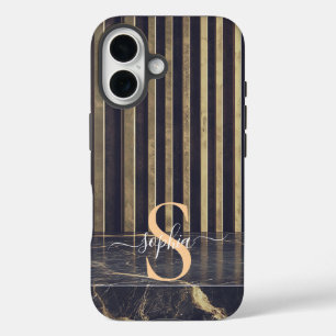 Coque Pour iPhone 16 marbre noir monogramme paillettes dorées