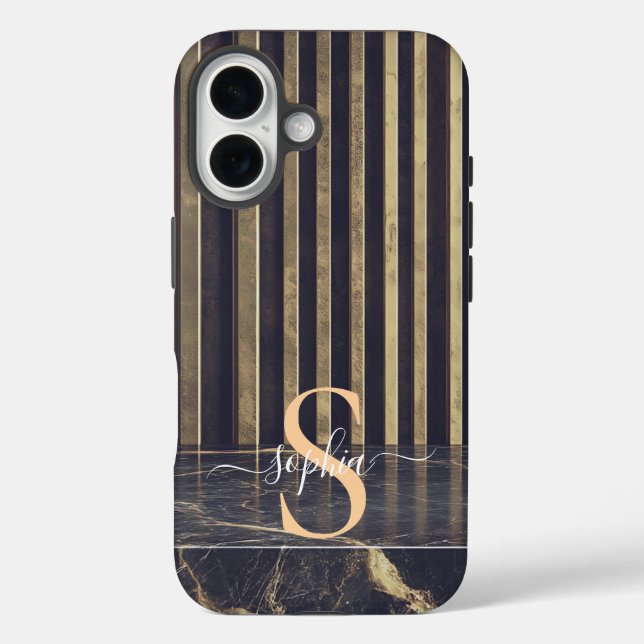 Coques Case-Mate iPhone marbre noir monogramme paillettes dorées (Verso)