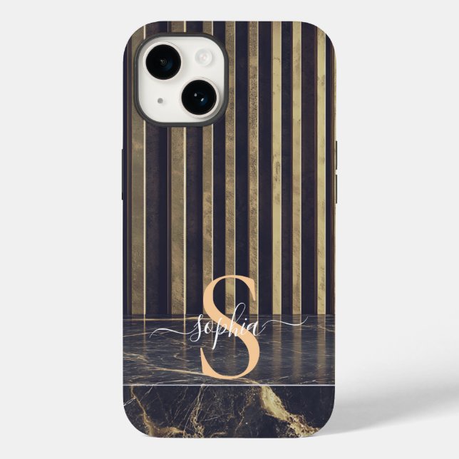 Coques Case-Mate iPhone marbre noir monogramme paillettes dorées (Verso)