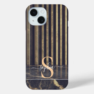 Coque Case-Mate iPhone marbre noir paillettes d'or monogramme