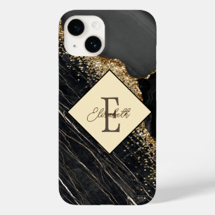 Coque Case-Mate iPhone Marbre noir tendance, sequins dorés monogramme
