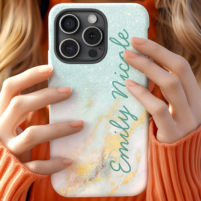 Coques Case-Mate iPhone Marbre Ombré Bleu Or Faux Monogramme Nom Paillette (Créateur téléchargé)