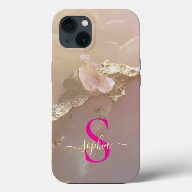 Coques Case-Mate iPhone Marbre or rose gold pailleté monogramme (Verso)