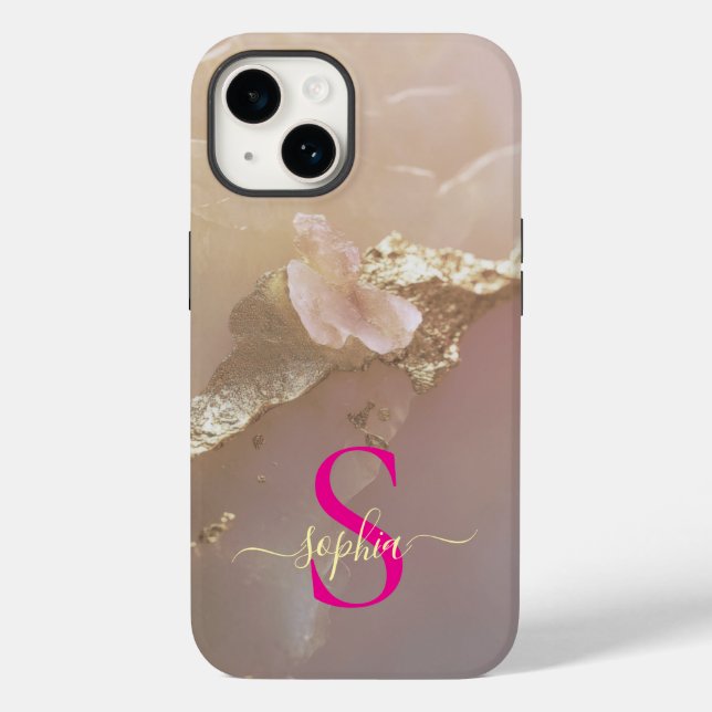 Coques Case-Mate iPhone Marbre or rose gold pailleté monogramme (Verso)