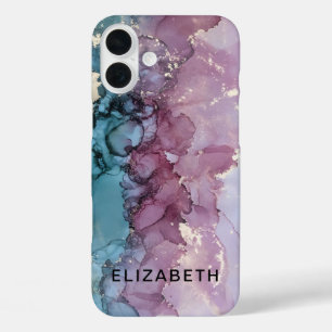 Coque Pour iPhone 16 Plus marbre or rose poudré et bleu personnalisé