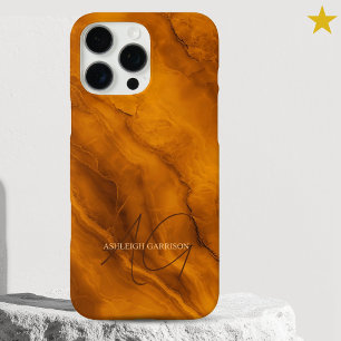 Coque iPhone 16 Pro Max Marbre Orange Élégant Monogramme Nom Personnalisé