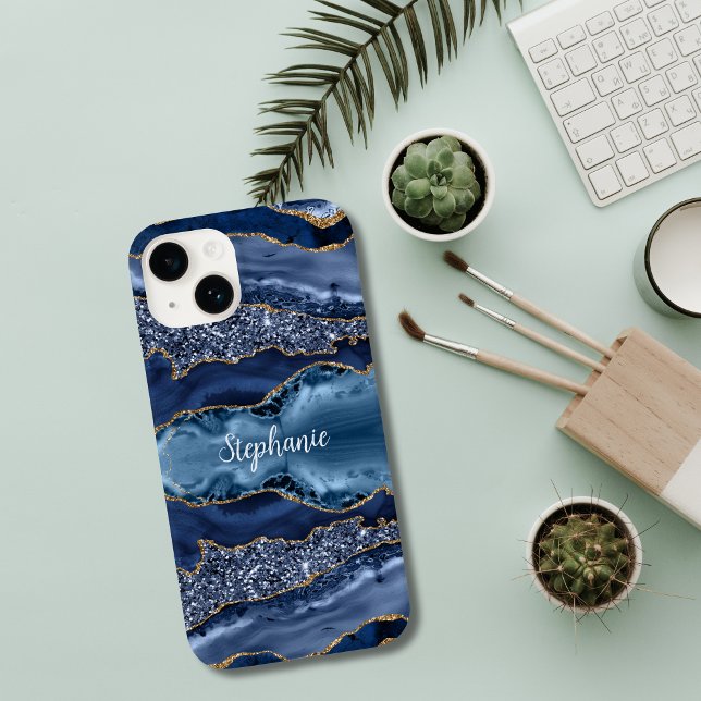 Coques Case-Mate iPhone Marbre pailleté à l'agate bleue et or monogrammé (Blue Gold Glitter Agate Monogrammed iPhone case)
