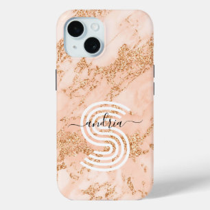 Coque Case-Mate iPhone Marbre Pailleté Or Rose Monogramme Nom Personnalis