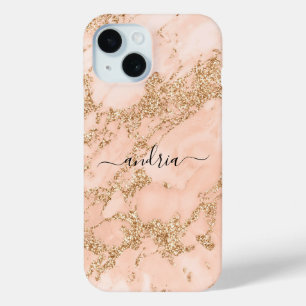 Coque Case-Mate iPhone Marbre Paillettes Or Rose, Nom en Écriture Noire