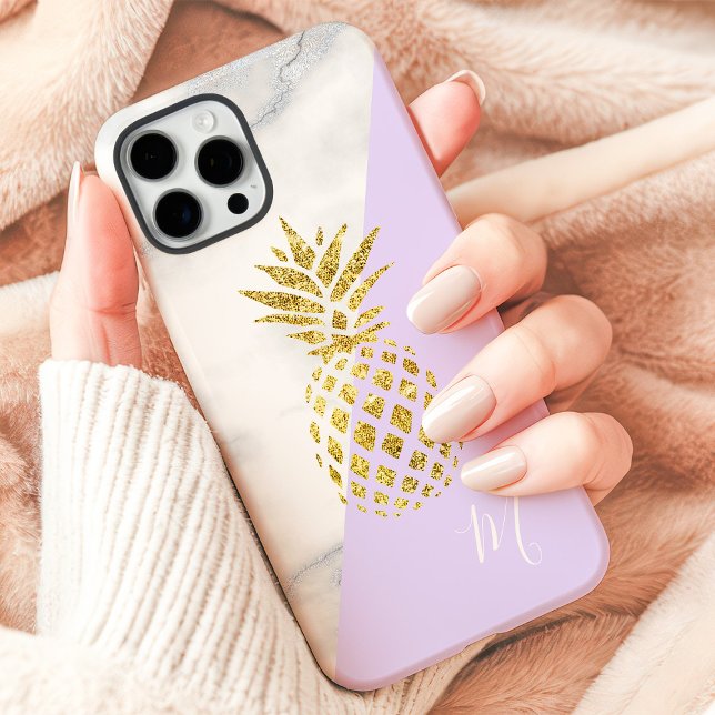 Coques Case-Mate iPhone Marbre Pastel Violet Monogramme Ananas Doré (Créateur téléchargé)