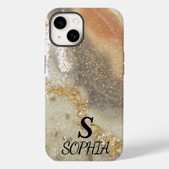 Coques Case-Mate iPhone Marbre rose chic monogramme paillettes or doré (Verso)