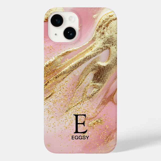 Coques Case-Mate iPhone Marbre rose chic monogramme paillettes or doré (Verso)