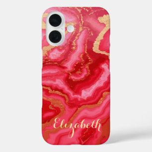 Coque Pour iPhone 16 Marbre rouge et rose personnalisé avec or